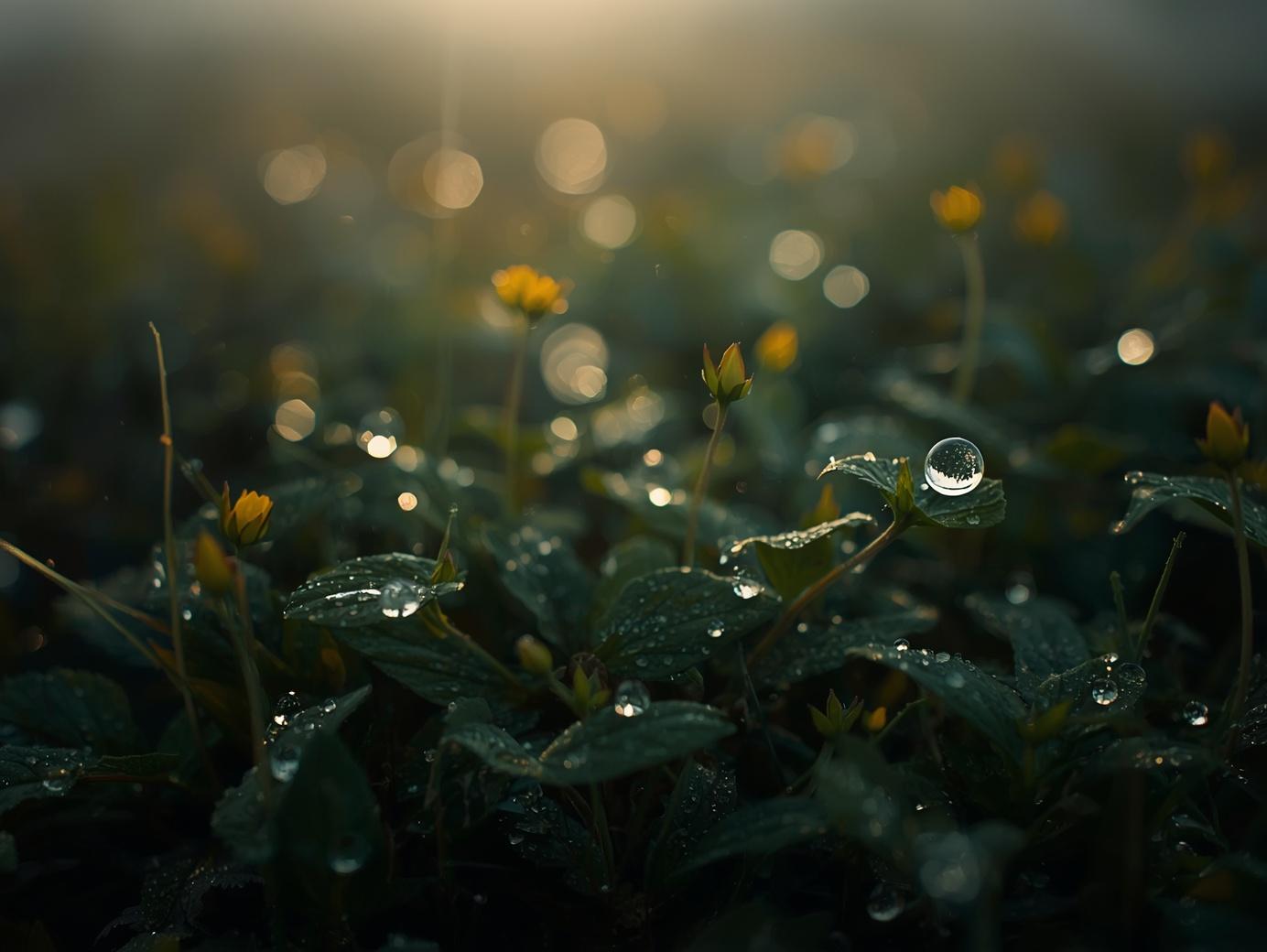 Macro photography of deep green meadow grass at dawn. Large, glowing, crystalline dewdrops clinging to the leaves of St. Johns wort. Soft, ethereal morning mist rising from the earth. The light is cold but golden, 